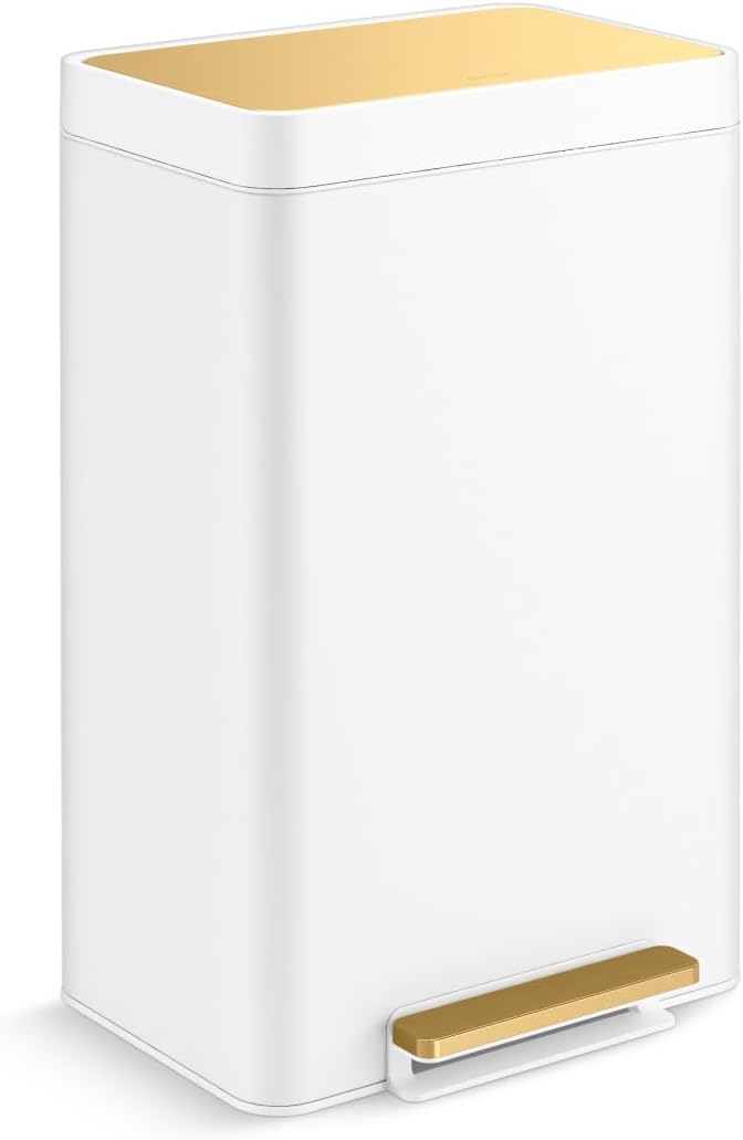 KOHLER 13-Gallon Stainless Steel Step Trash Can, White Stainless Steel, Hands-Free Pedal, Quiet-Close Lid, Fingerprint-Resistant, Durable, K-20940-STW