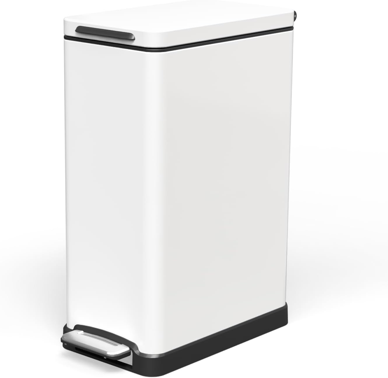 Home Zone Living 12 Gallon Slim Kitchen Trash Can with Soft Close Lid, Step Pedal, Bag Tuck Band, and Removable Liner, Stainless Steel, Black, 45 Liters