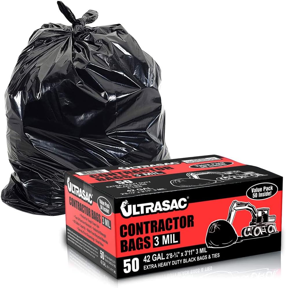 Ultrasac Heavy Duty Contractor Bags (VALUE 50 PACK/w TIES), 42 Gallon, 32.75" X 47" - 3 MIL Thick Large Black Industrial Garbage Trashbags for Construction and Commercial use