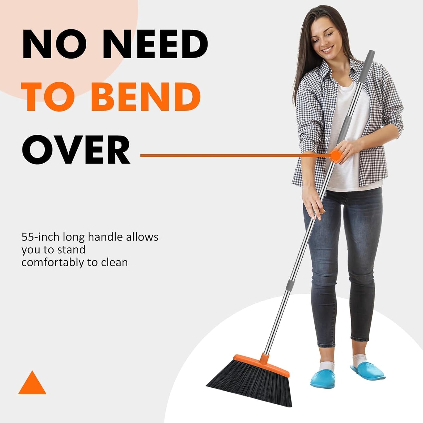 NACENA Heavy Duty Broom, 55 Inch Long Handle Outdoor Large Angle Brooms, Commercial Broom for Sweeping Indoor, for Home Garage Kitchen Office Courtyard Lobby Patio Lawn Concrete, 4 Pack (Grey&Orange)