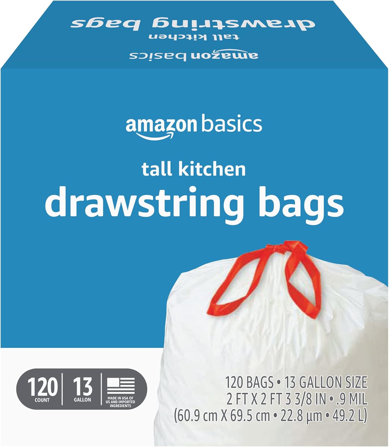 Amazon Basics Trash Bags, Tall Kitchen Drawstring, Unscented, 13 Gallon, 200 Count, Pack of 1