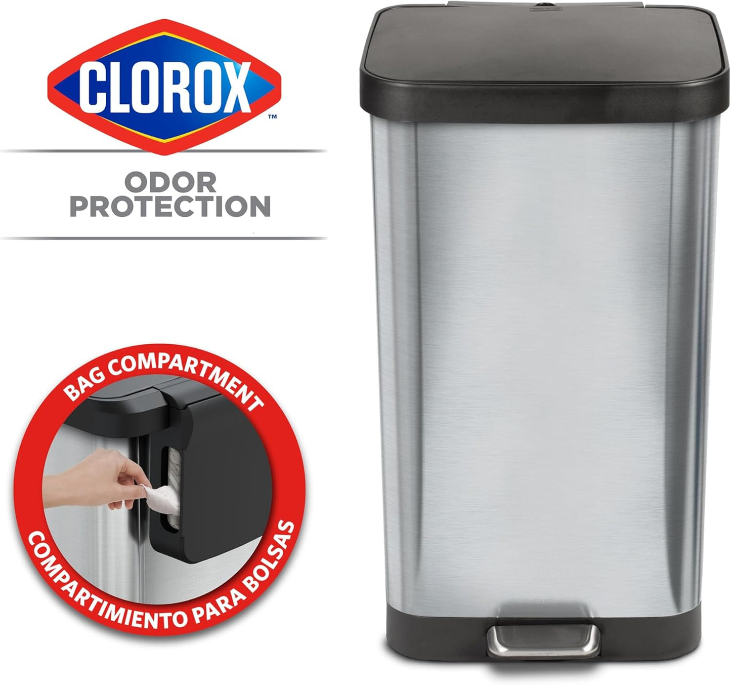Glad Stainless Steel Step Trash Can with Clorox Odor Protection | Large Metal Kitchen Garbage Bin with Soft Close Lid, Foot Pedal and Waste Bag Roll Holder, 20 Gallon, Stainless