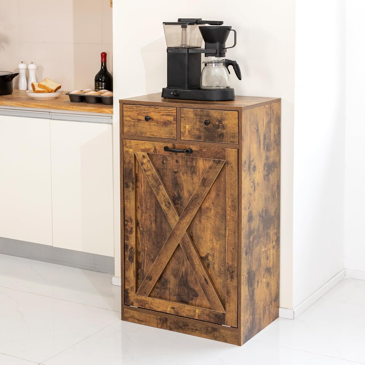 13 Gallons Tilt Out Trash Can Cabinet, Wooden Trash Cabinet with 2 Drawers, Free Standing Kichen Waste Bin Recycling Cabinet Pet Proof Hidden Trash Cabinet for Kitchen (Brown)