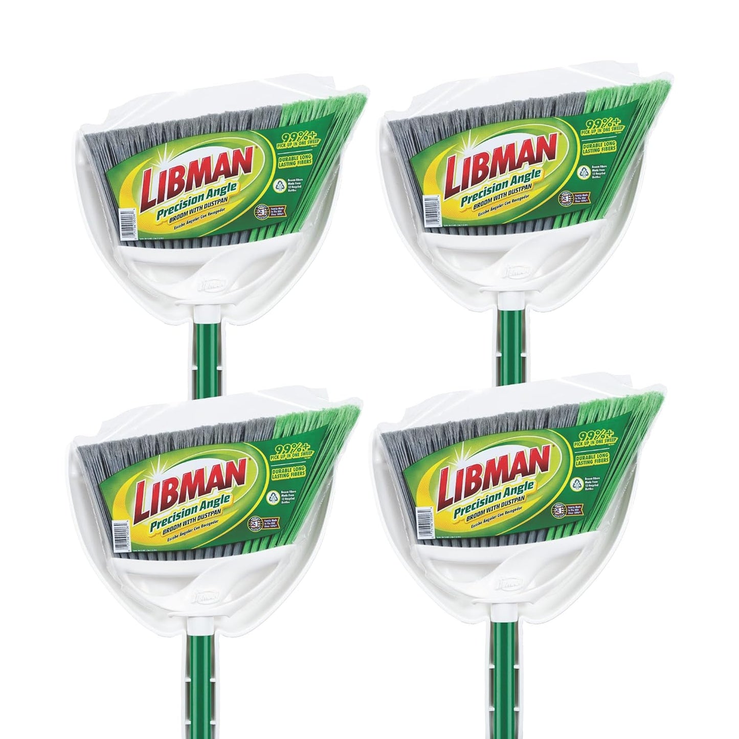Libman Commercial 206 Precision Angle Broom with Dust Pan, Steel Handle, 11" Wide, Green and White (Pack of 4)