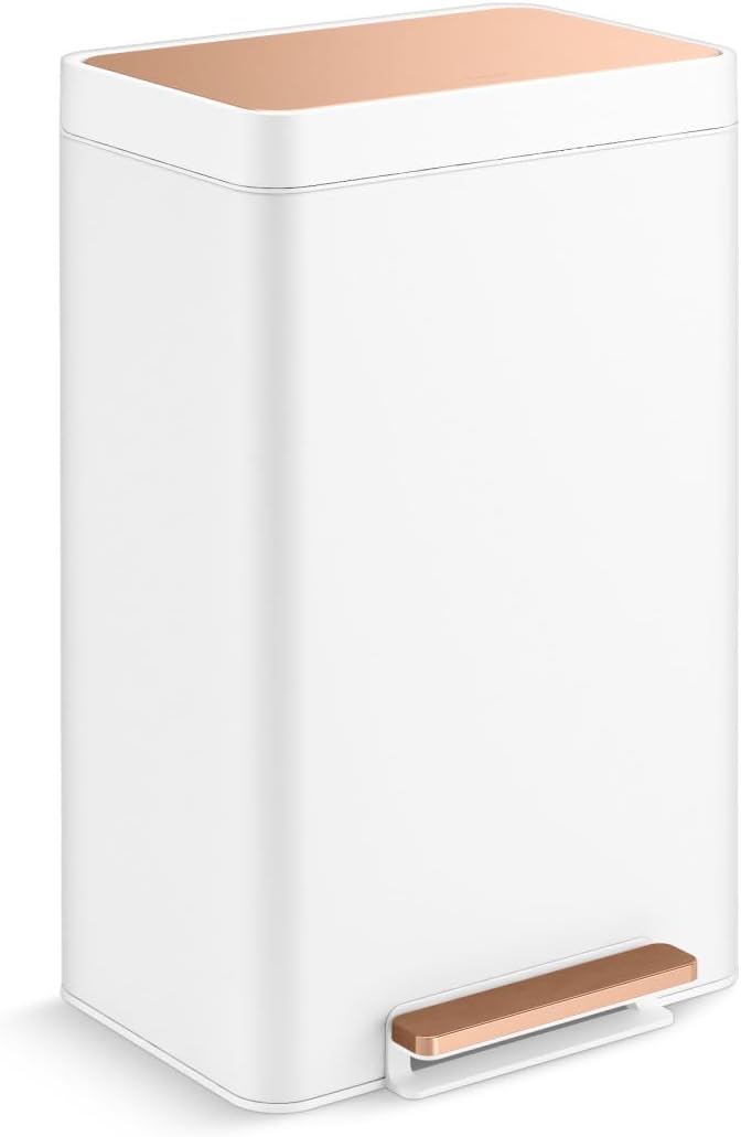 KOHLER 13-Gallon Stainless Steel Step Trash Can, White Stainless Steel, Hands-Free Pedal, Quiet-Close Lid, Fingerprint-Resistant, Durable, K-20940-STW