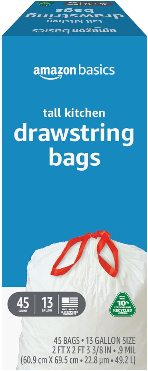 Amazon Basics 13 Gallon Tall Kitchen Drawstring Trash Bags, Unscented, 10% Post Consumer Recycled, 200 Count