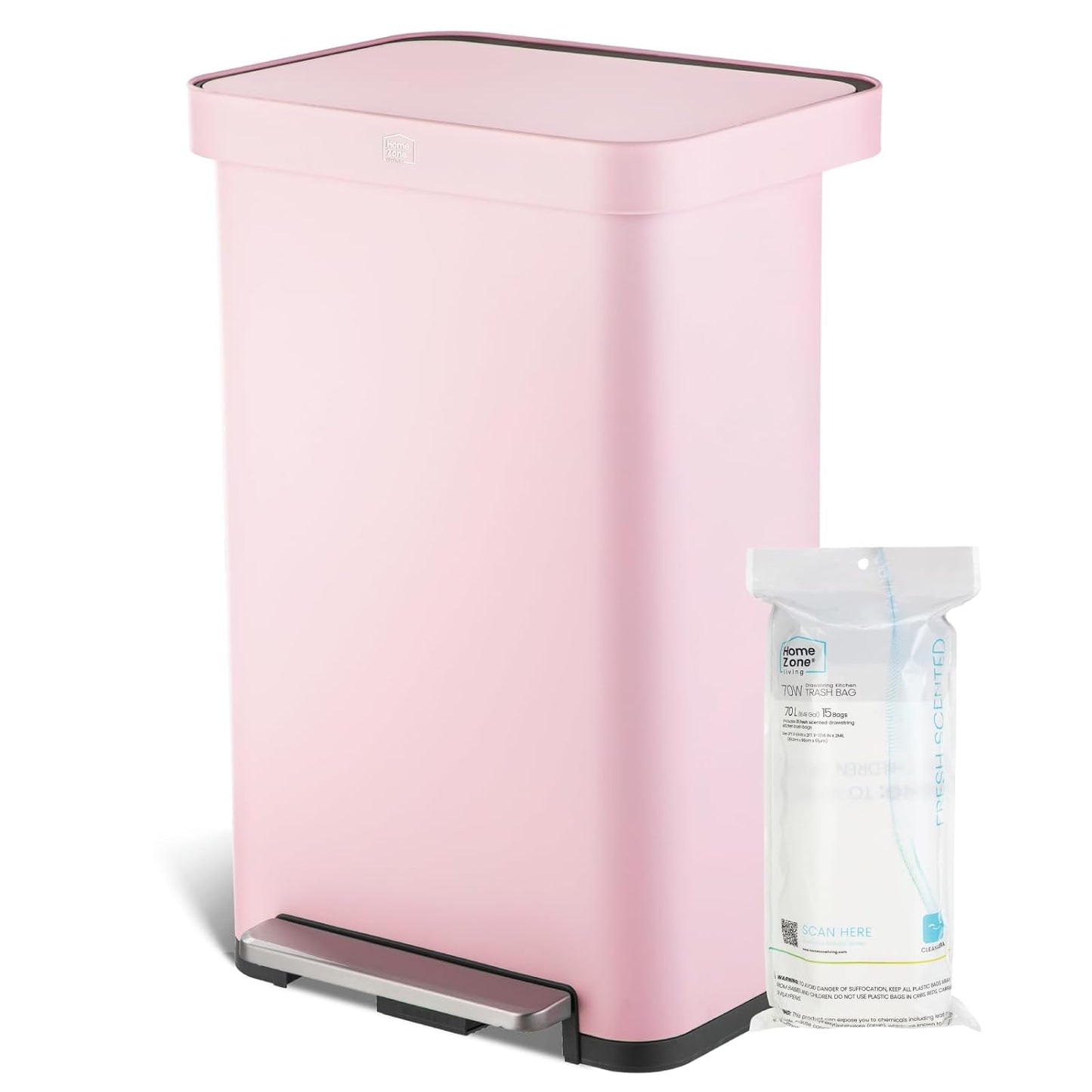 Home Zone Living 18.5 Gallon Large Stainless Steel Trash Can with Slow Closing Lid and Wide Opening, Virtuoso Collection, Pink