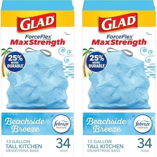 Glad Trash Bags, Tall Kitchen Garbage Bags ForceFlexPlus with Clorox, 13 Gallon, Eucalyptus and Peppermint, 90 Count (Package May Vary)