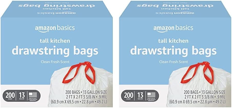 Amazon Basics Trash Bags, Tall Kitchen Drawstring, Unscented, 13 Gallon, 120 Count, Pack of 1