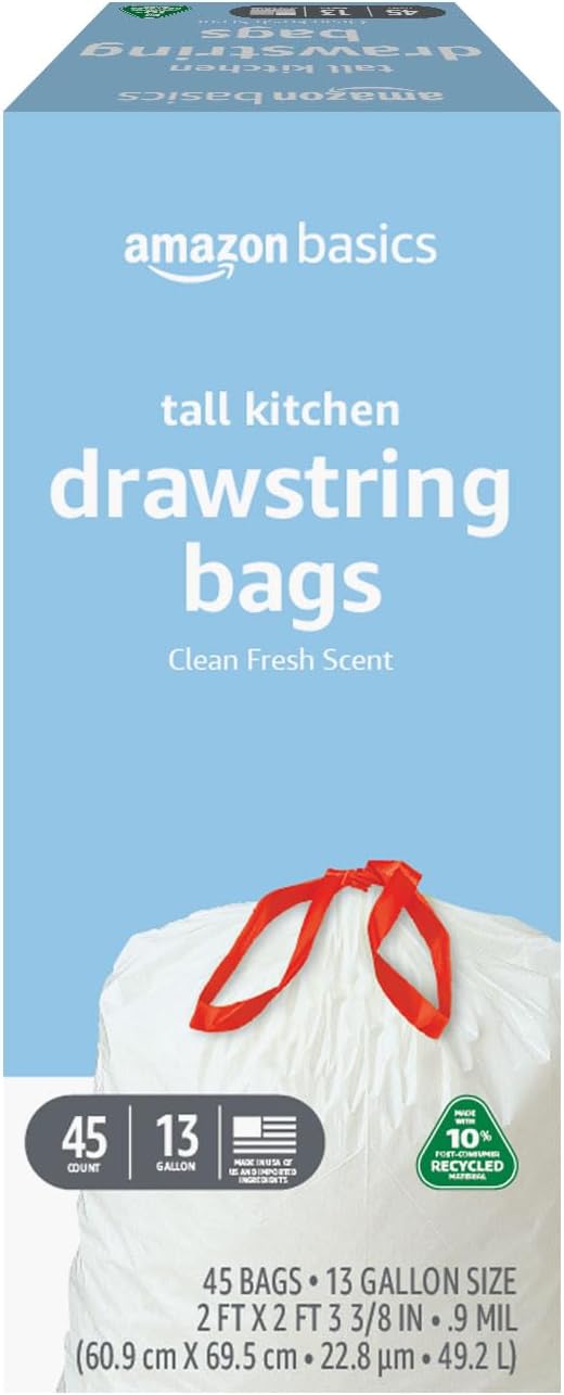 Amazon Basics 13 Gallon Tall Kitchen Drawstring Trash Bags, Clean Fresh Scent, 10% Post Consumer Recycled, 80 count