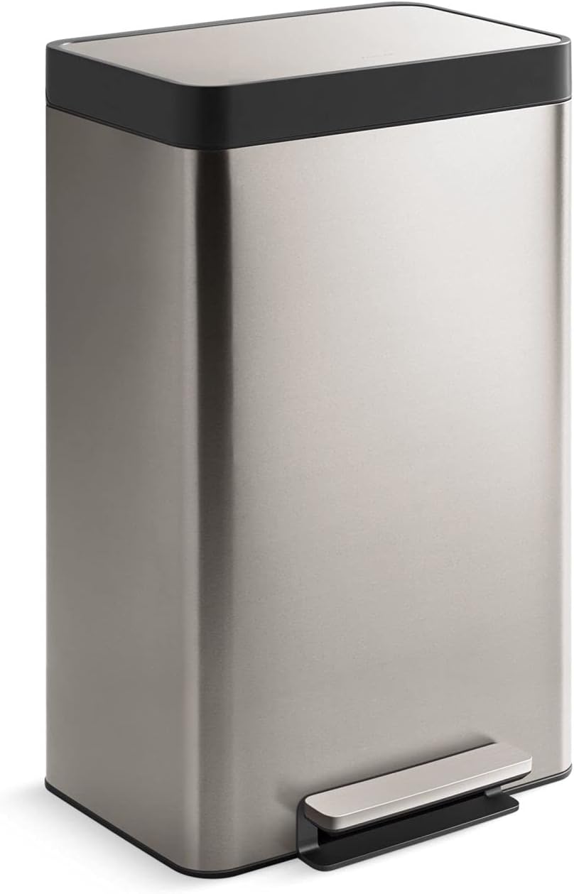 KOHLER 13-Gallon Stainless Steel Step Trash Can, White Stainless Steel, Hands-Free Pedal, Quiet-Close Lid, Fingerprint-Resistant, Durable, K-20940-STW