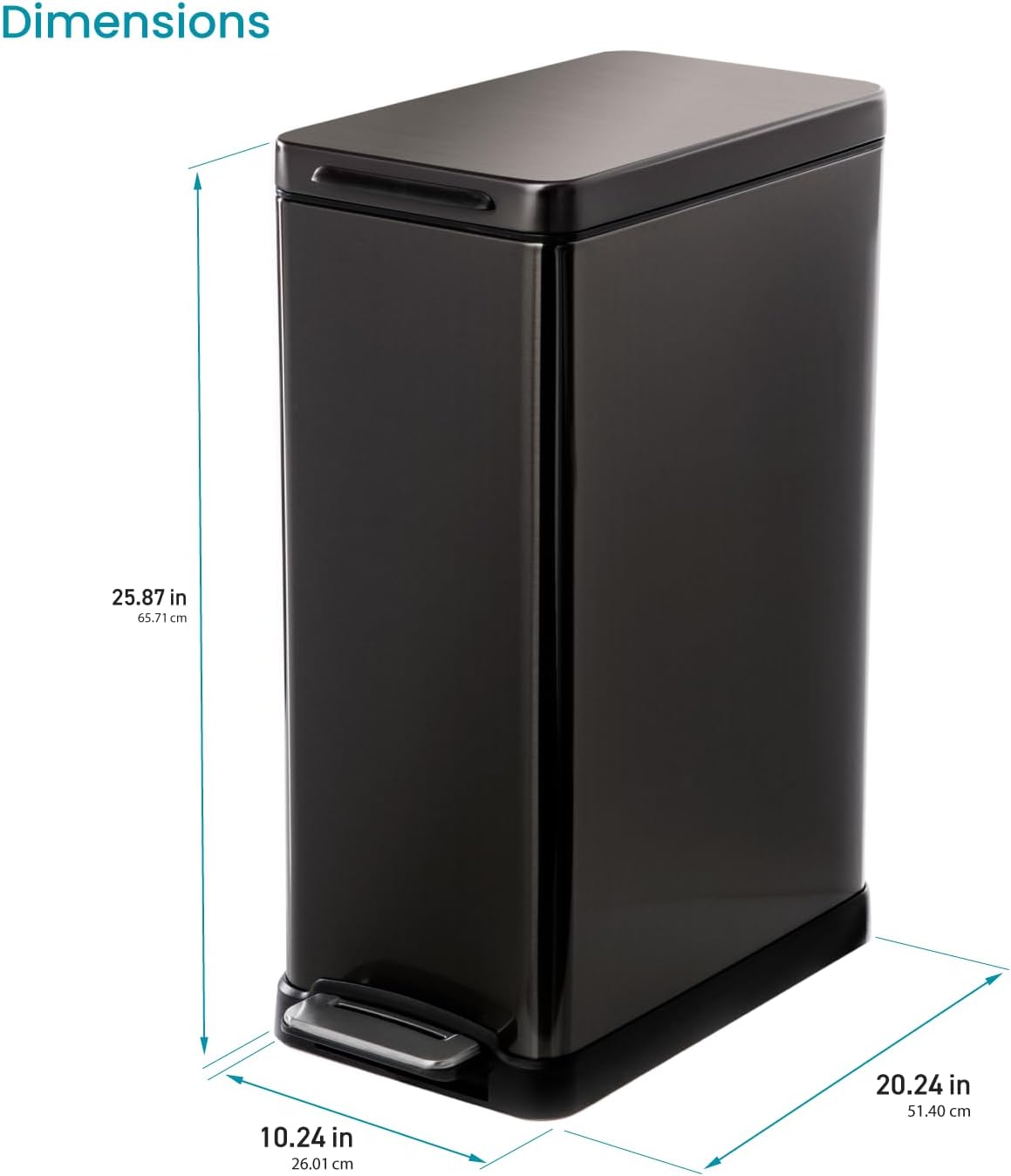 Home Zone Living 12 Gallon Slim Kitchen Trash Can with Soft Close Lid, Step Pedal, Bag Tuck Band, and Removable Liner, Stainless Steel, Black, 45 Liters