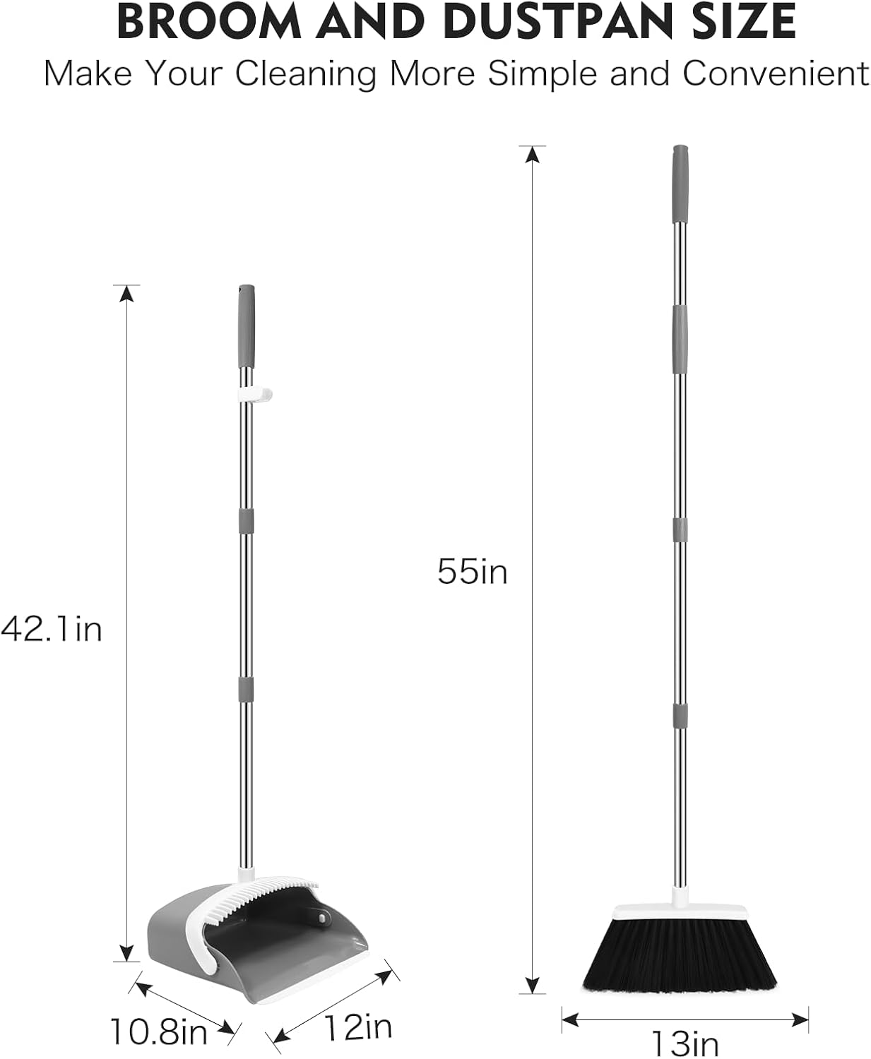 NACENA Broom and Dustpan Set, 55-in Long Adjustable Handle Broom Dustpan Combo with Dustpan Teeth to Automatically Clean Hair Suitable for Home Kitchen Office Hall Floor, Large(Grey&White)