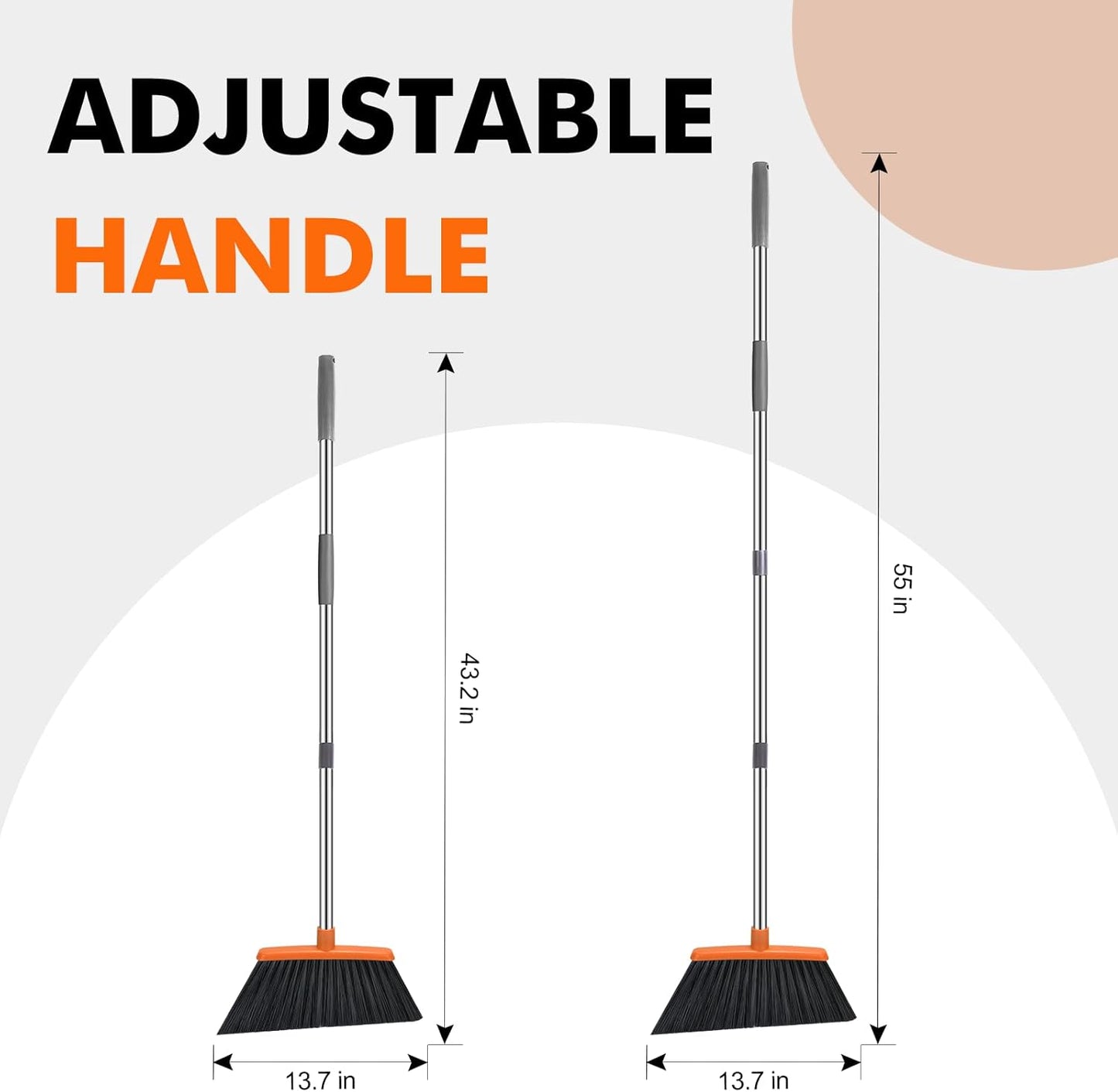 NACENA Heavy Duty Broom, 55 Inch Long Handle Outdoor Large Angle Brooms, Commercial Broom for Sweeping Indoor, for Home Garage Kitchen Office Courtyard Lobby Patio Lawn Concrete, 4 Pack (Grey&Orange)