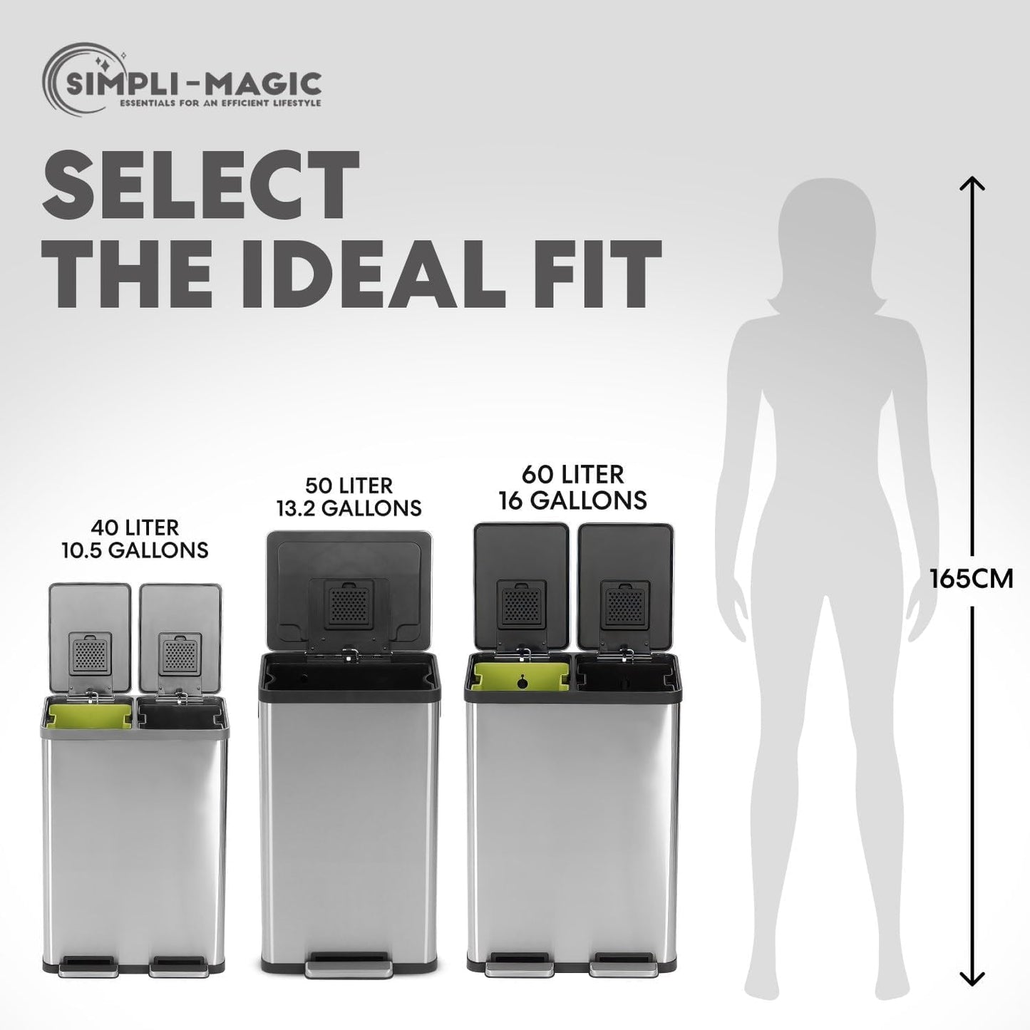 SIMPLI-MAGIC 60 Liter / 16 Gallon Rectangular Hands-Free Dual Compartment Recycling Kitchen Step Trash Can with Soft-Close Lid, Brushed Stainless Steel