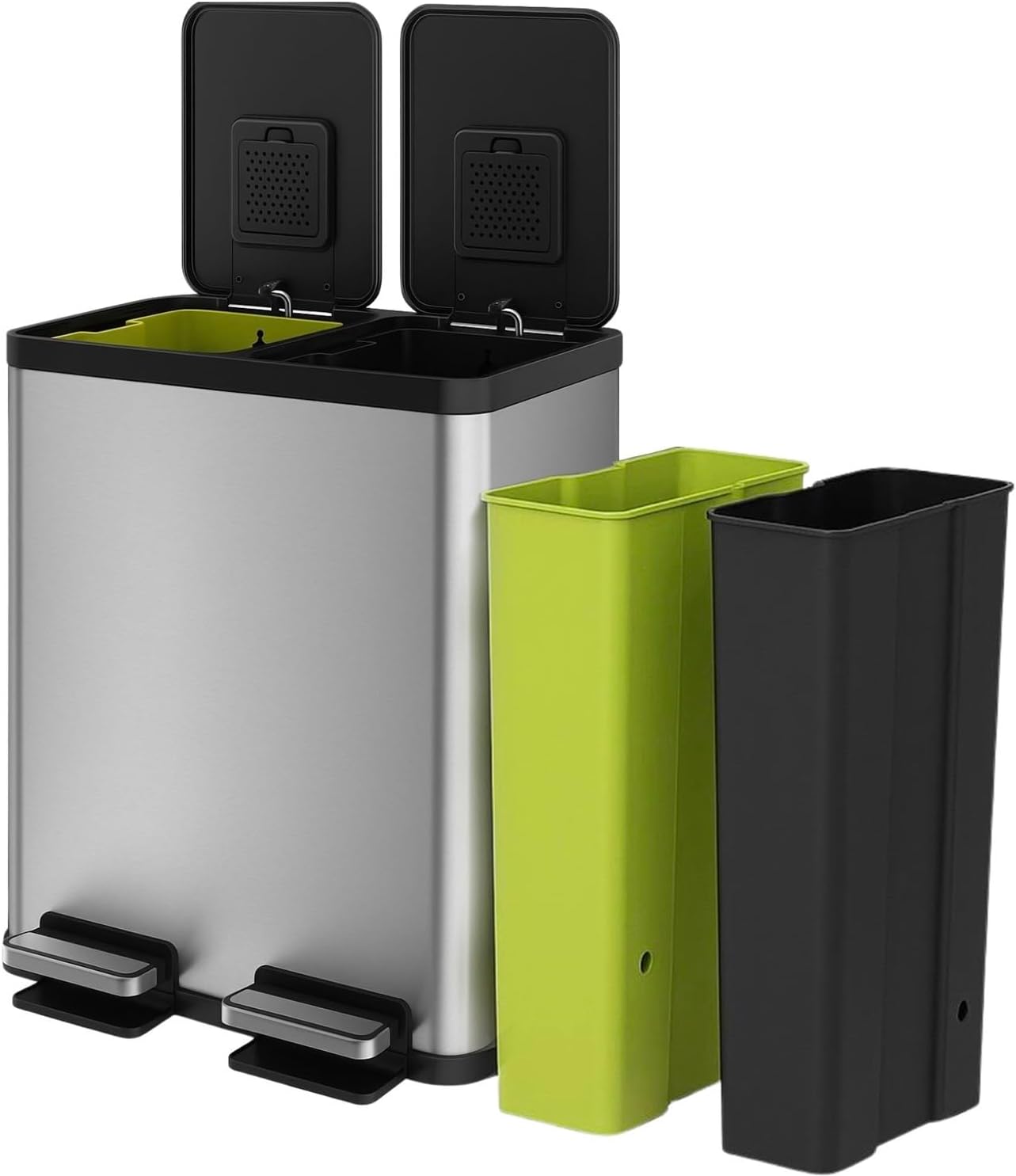 SIMPLI-MAGIC 60 Liter / 16 Gallon Rectangular Hands-Free Dual Compartment Recycling Kitchen Step Trash Can with Soft-Close Lid, Brushed Stainless Steel