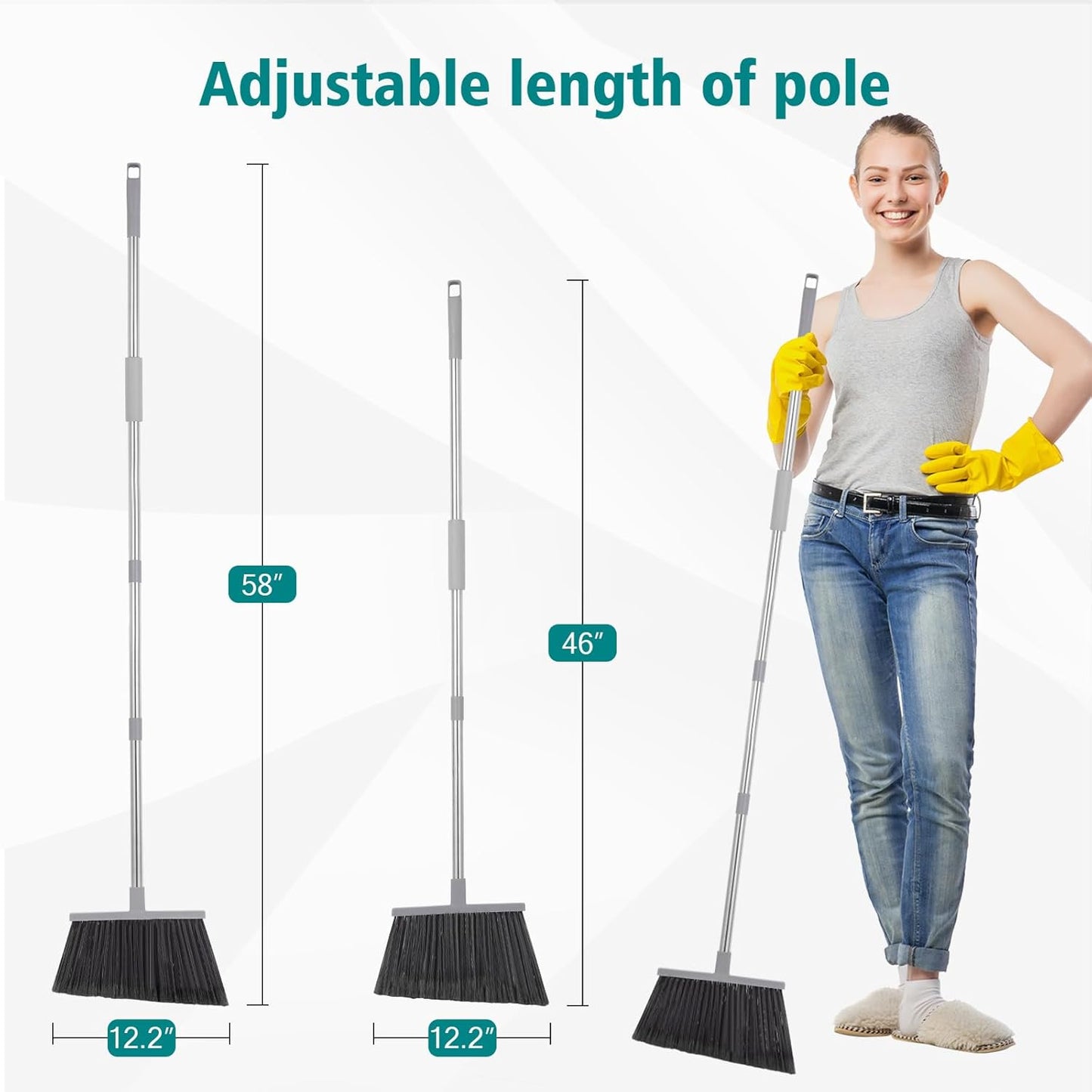 4 Pack Heavy Duty Broom Outdoor, 58" Long Stainless Steel Handle, Hard Bristle Angle Broom for Floors，Commercial & Industrial Broom for Sweeping Indoor, Garage, Kitchen