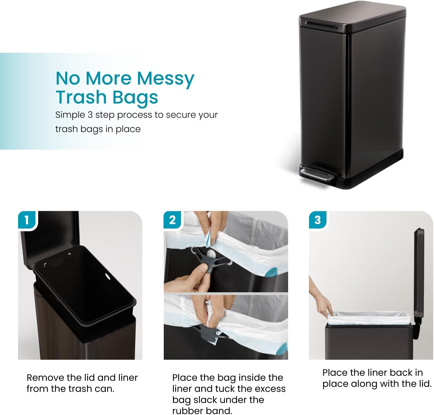 Home Zone Living 12 Gallon Slim Kitchen Trash Can with Soft Close Lid, Step Pedal, Bag Tuck Band, and Removable Liner, Stainless Steel, Black, 45 Liters