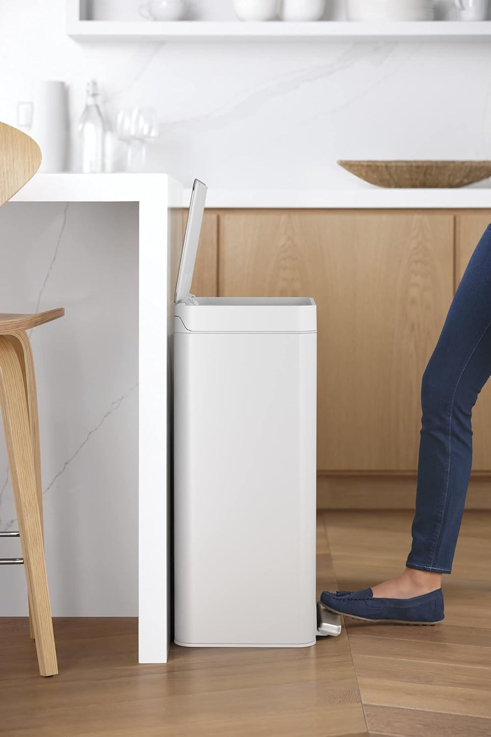 KOHLER 13-Gallon Stainless Steel Step Trash Can, White Stainless Steel, Hands-Free Pedal, Quiet-Close Lid, Fingerprint-Resistant, Durable, K-20940-STW