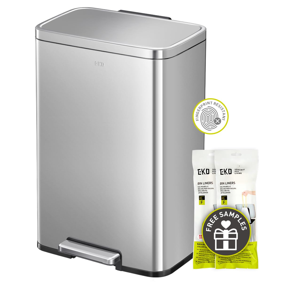 EKO Madison Gunmetal Stainless Steel 50 Liter/13.2 Gallon Step Trash Can with Inner Liner - Fingerprint Resistant Finish