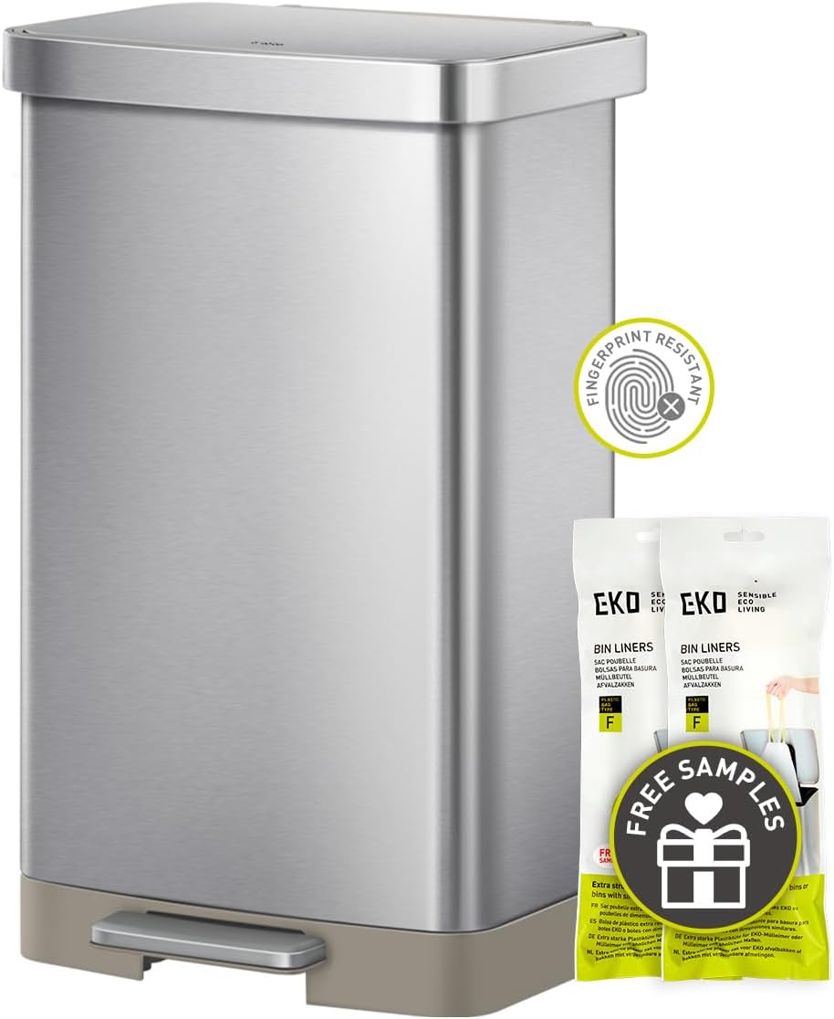 EKO Hudson Matte Stainless 75 Liter/20 Gallon Step Trash Can with Rear Trash Bag Storage Compartment
