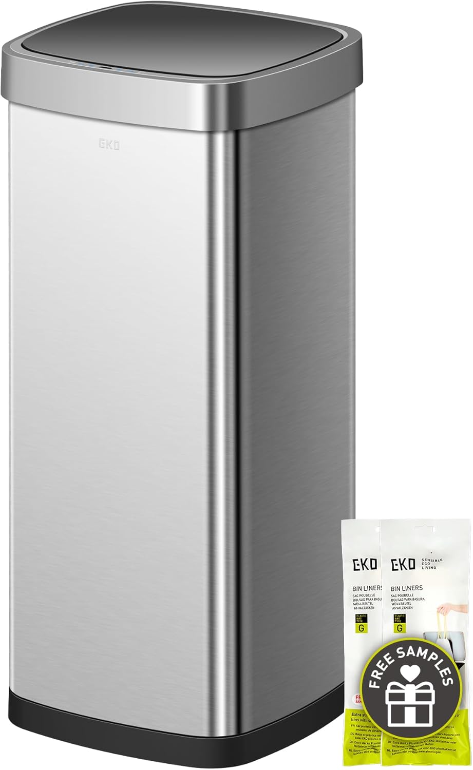 EKO Deluxe Mirage-T 50 Liter / 13.2 Gallon Touchless Rectangular Motion Sensor Trash Can, Matte Stainless Steel Finish