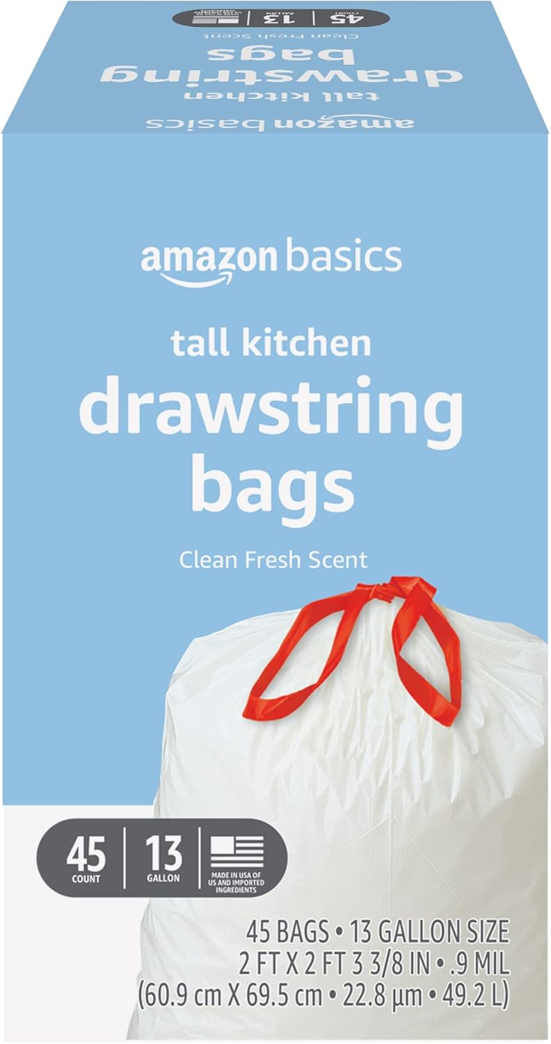 Amazon Basics Trash Bags, Tall Kitchen Drawstring, Unscented, 13 Gallon, 120 Count, Pack of 1