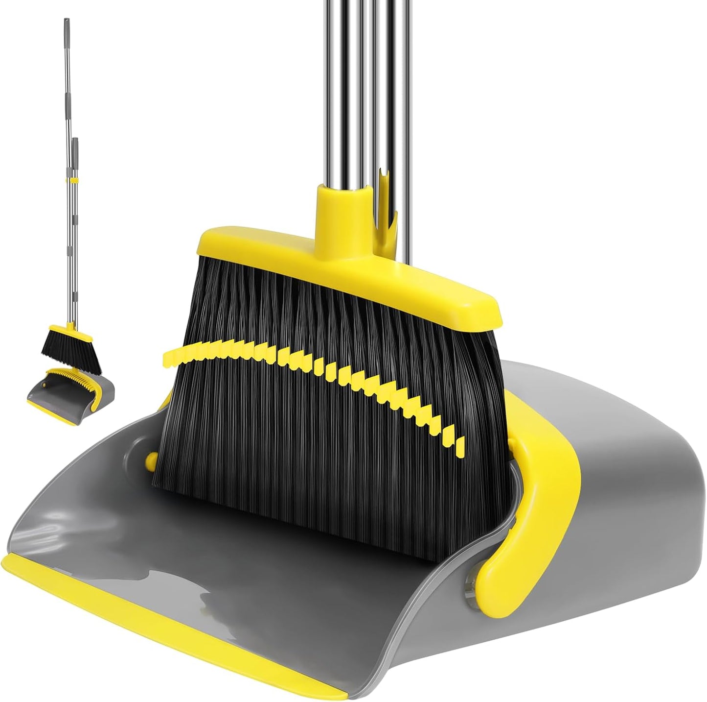 NACENA Broom and Dustpan Set, 55-in Long Adjustable Handle Broom Dustpan Combo with Dustpan Teeth to Automatically Clean Hair Suitable for Home Kitchen Office Hall Floor, Large(Grey&White)