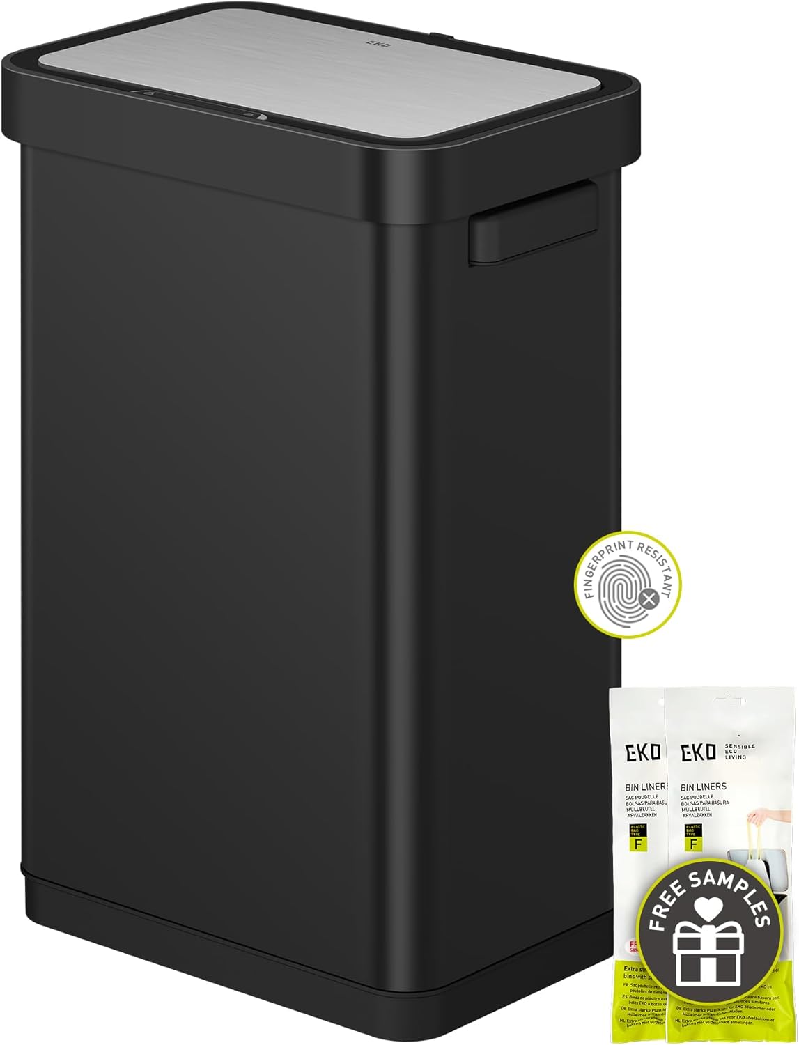 EKO Deluxe Mirage-T 50 Liter / 13.2 Gallon Touchless Rectangular Motion Sensor Trash Can, Matte Stainless Steel Finish