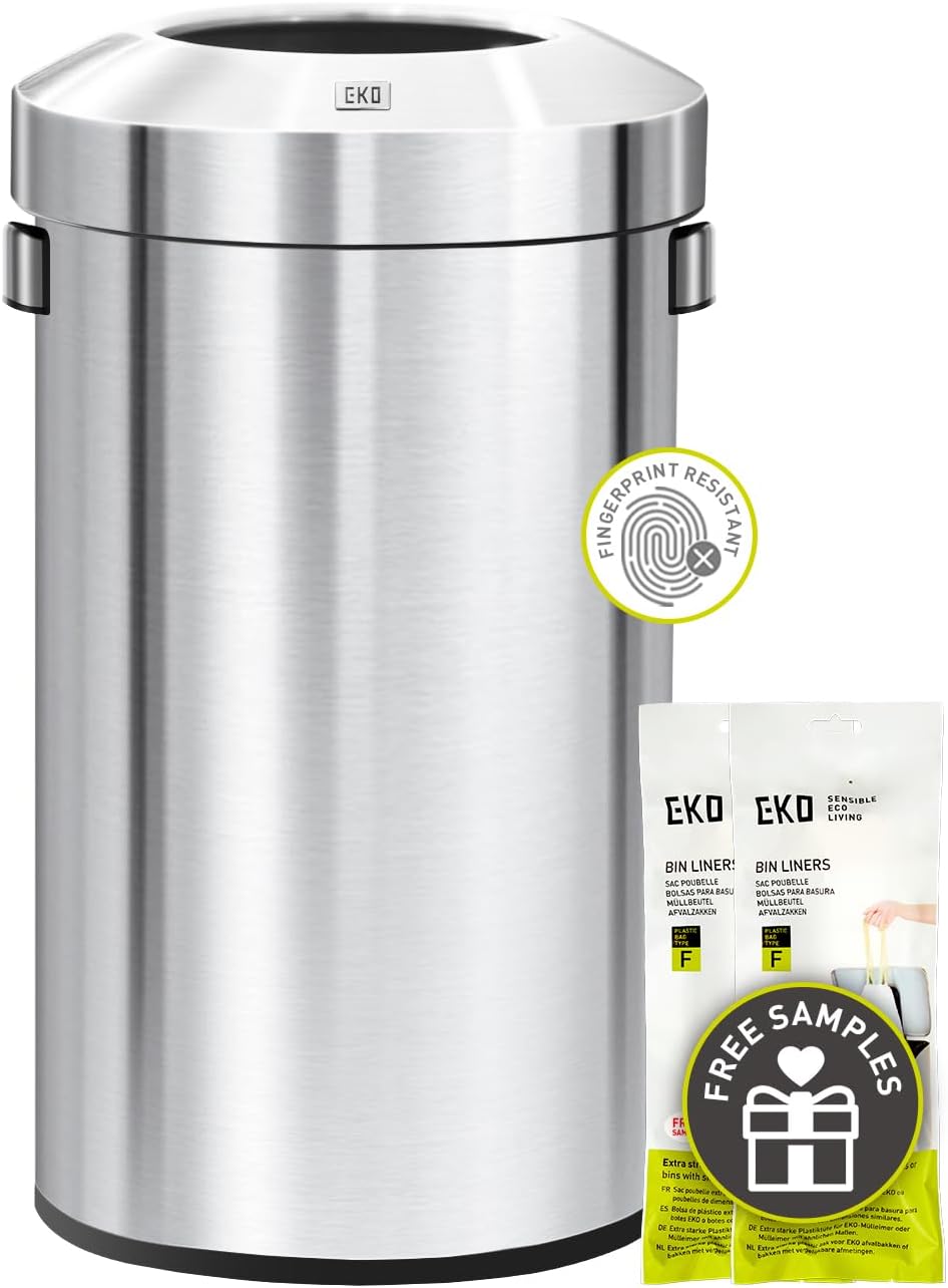 EKO Urban 24 Gallon/ 90 Liter Open Top Stainless Steel Slim Commercial Trash Can, Tall Kitchen Garbage Bin, Heavy-Duty Commercial Grade Large Trash Can for Home, Office, Hotel, Cafe, Restaurant, Dorm