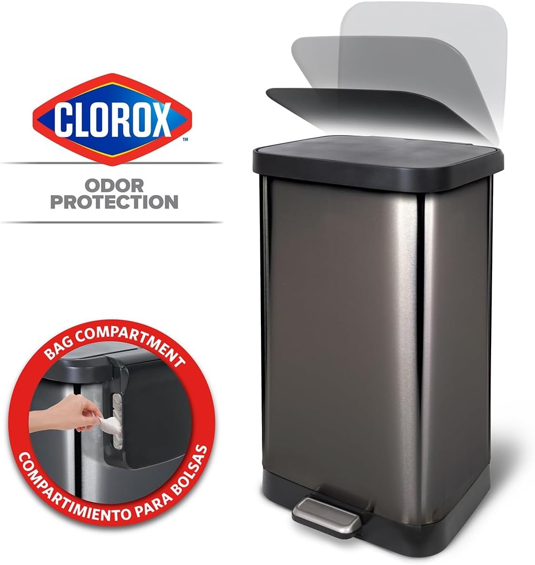 Glad 20 Gallon / 75.5 Liter Extra Capacity Stainless Steel Step Trash Can with CloroxTM Odor Protection, Pewter
