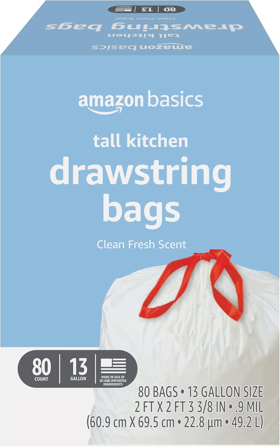 Amazon Basics Trash Bags, Tall Kitchen Drawstring, Unscented, 13 Gallon, 120 Count, Pack of 1