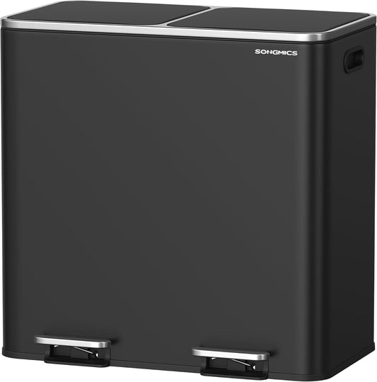 SONGMICS Trash Can, 2 x 10.6 Gallon (2 x 40 L) Garbage Can for Kitchen, with 15 Trash Bags, 2 Compartments, Plastic Inner Buckets and Hinged Lids, Airtight, Black ULTB730B80