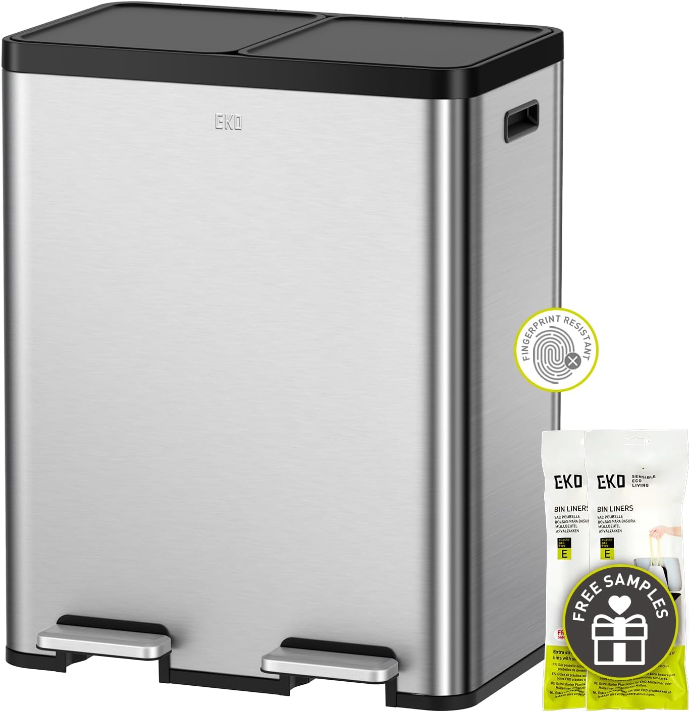 EKO EcoCasa II 36L+24L Dual Trash Can with Recycle Bin, Stainless Steel Garbage Can with Lid, Deodorizer Compartment, Odor-Proof and Fingerprint Resistant