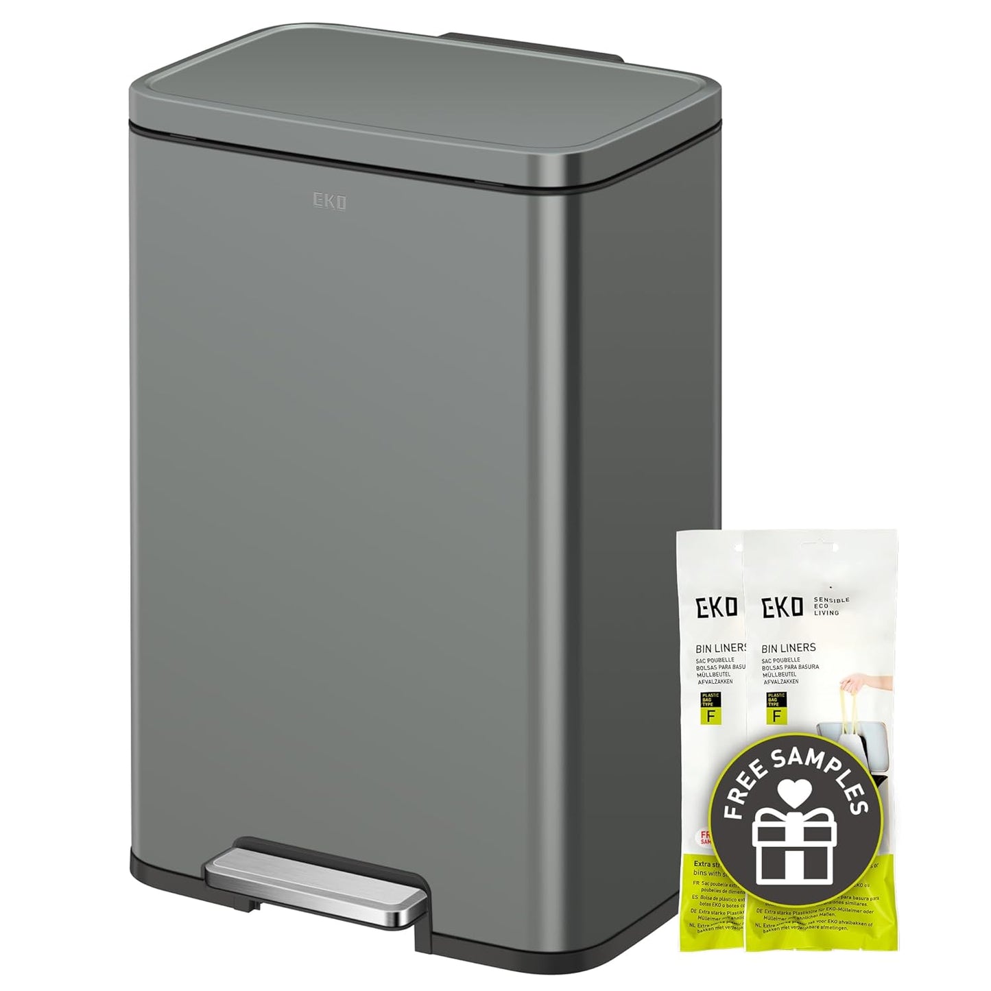EKO Madison Gunmetal Stainless Steel 50 Liter/13.2 Gallon Step Trash Can with Inner Liner - Fingerprint Resistant Finish