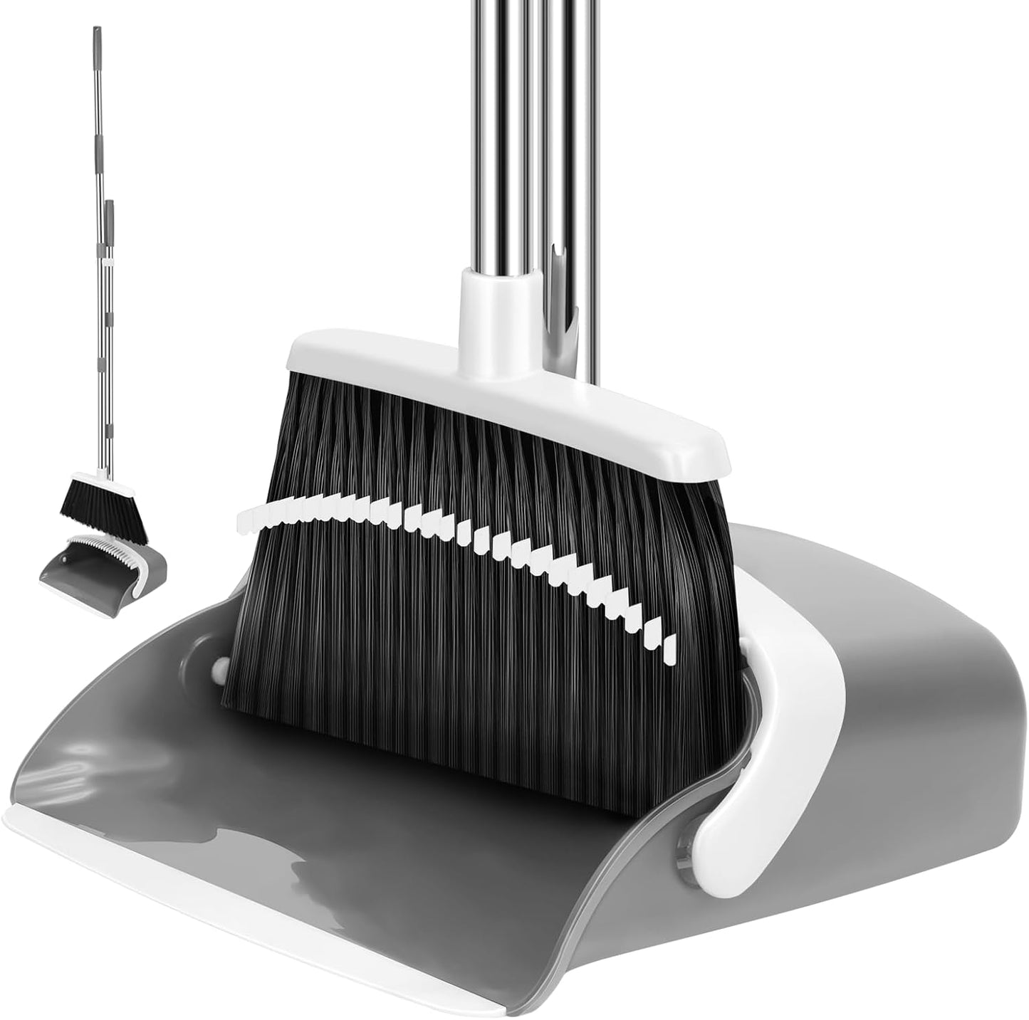 NACENA Broom and Dustpan Set, 55-in Long Adjustable Handle Broom Dustpan Combo with Dustpan Teeth to Automatically Clean Hair Suitable for Home Kitchen Office Hall Floor, Large(Grey&White)