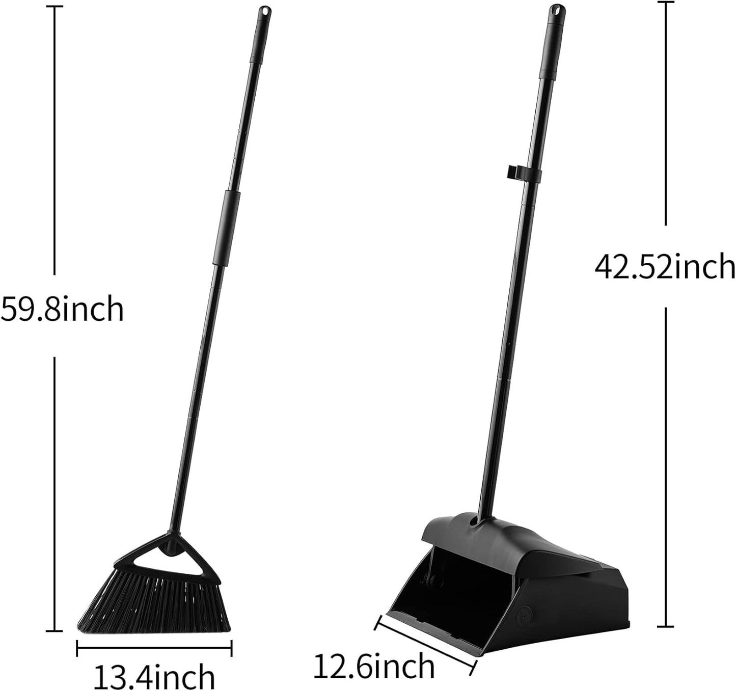 Eyliden Commercial Angle Broom and Dustpan Combo, with Long Handle, Lobby Dust Pan Sweep Set for Outdoor Garages Courtyard Sidewalks Decks Indoor Home Kitchen Room Office (Black Broom+Dustpan)