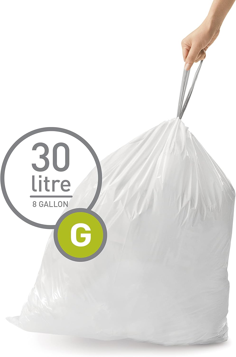 simplehuman Code G 100 Count, Dispenser Pack Custom Fit Liners, Drawstring Trash Bags, 30 Liter / 8 Gallon, White