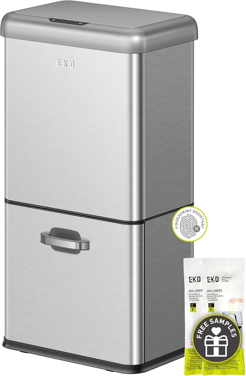 EKO Deluxe Mirage-T 50 Liter / 13.2 Gallon Touchless Rectangular Motion Sensor Trash Can, Matte Stainless Steel Finish