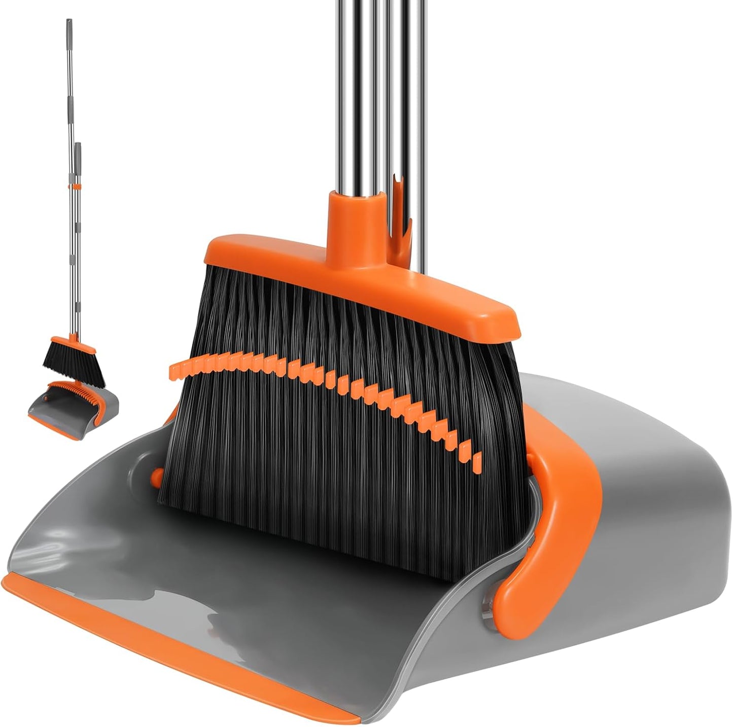 NACENA Broom and Dustpan Set, 55-in Long Adjustable Handle Broom Dustpan Combo with Dustpan Teeth to Automatically Clean Hair Suitable for Home Kitchen Office Hall Floor, Large(Grey&White)