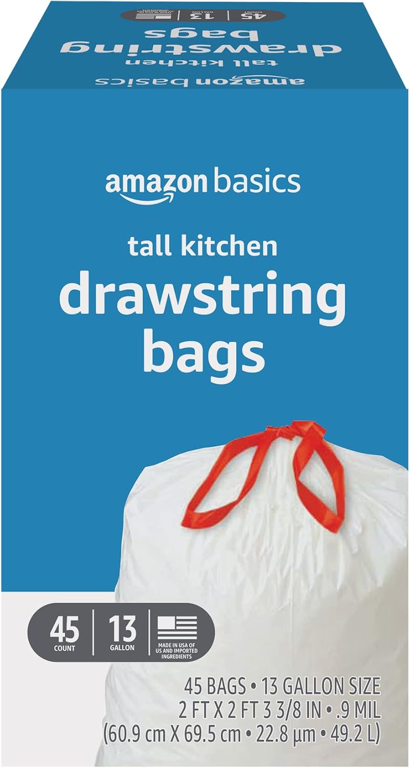 Amazon Basics Trash Bags, Tall Kitchen Drawstring, Unscented, 13 Gallon, 120 Count, Pack of 1