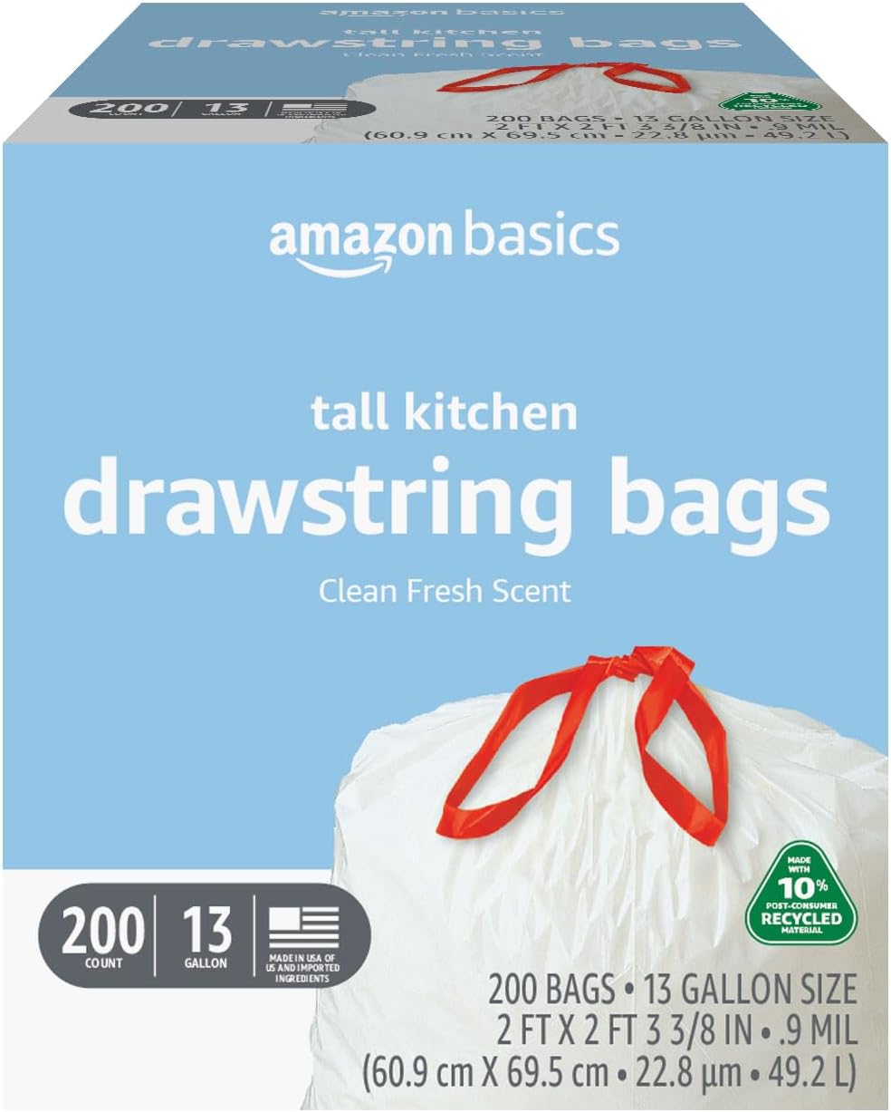Amazon Basics 13 Gallon Tall Kitchen Drawstring Trash Bags, Clean Fresh Scent, 10% Post Consumer Recycled, 80 count