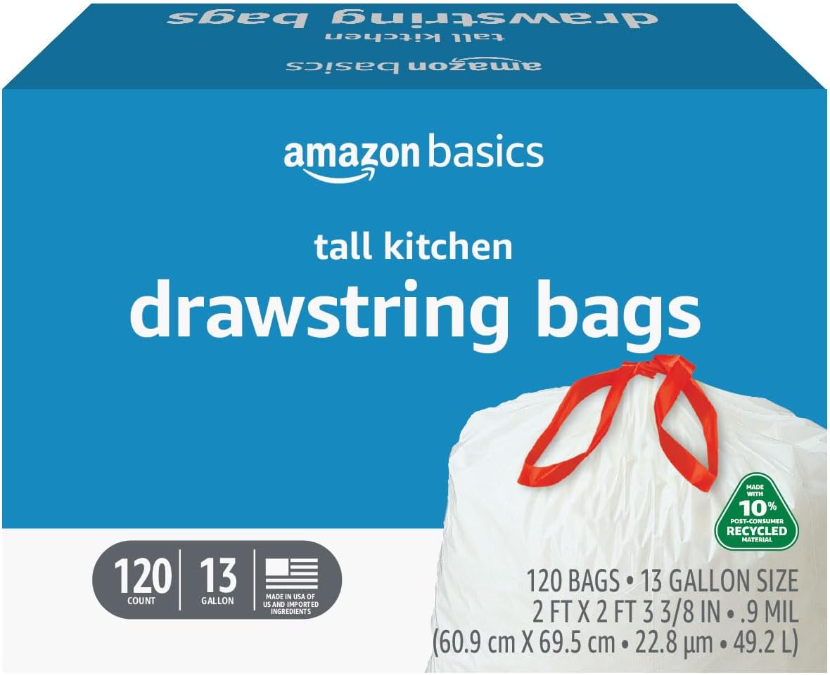 Amazon Basics 13 Gallon Tall Kitchen Drawstring Trash Bags, Unscented, 10% Post Consumer Recycled, 200 Count