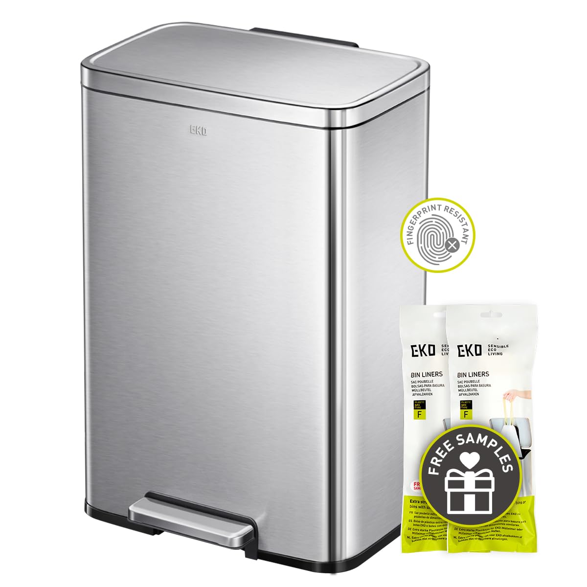 EKO Madison Gunmetal Stainless Steel 50 Liter/13.2 Gallon Step Trash Can with Inner Liner - Fingerprint Resistant Finish