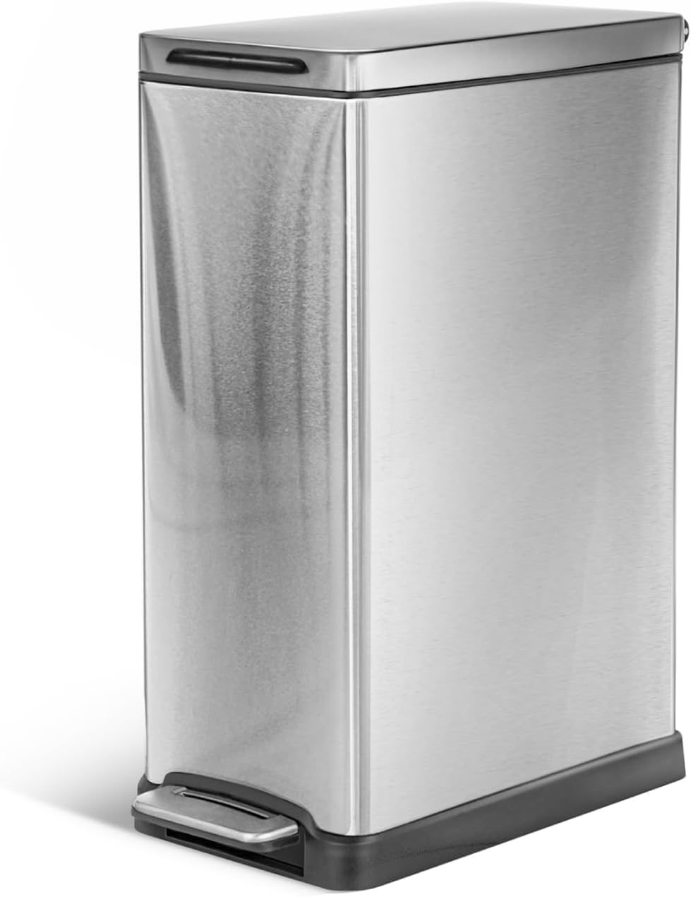 Home Zone Living 12 Gallon Slim Kitchen Trash Can with Soft Close Lid, Step Pedal, Bag Tuck Band, and Removable Liner, Stainless Steel, Black, 45 Liters