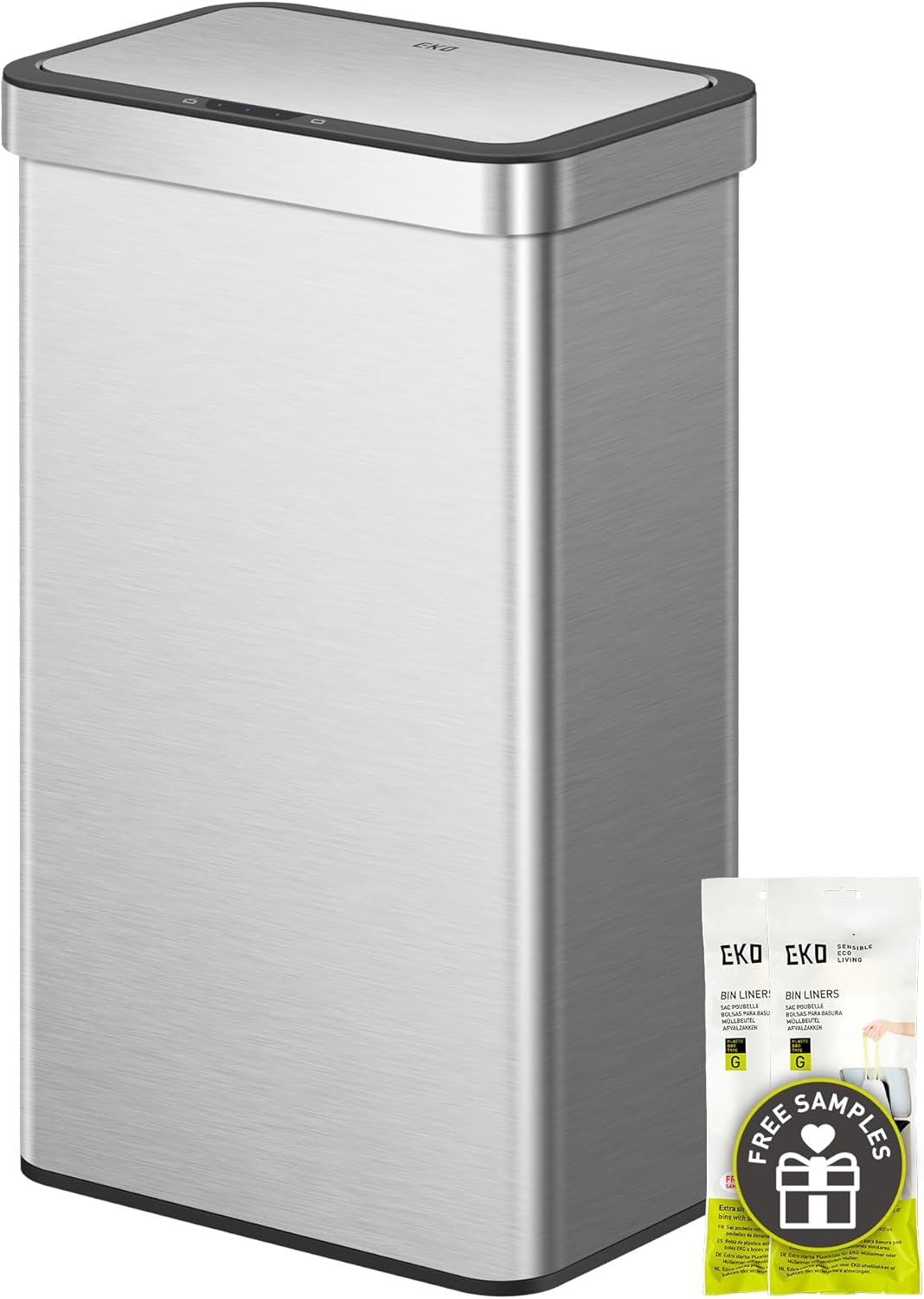 EKO Deluxe Mirage-T 50 Liter / 13.2 Gallon Touchless Rectangular Motion Sensor Trash Can, Matte Stainless Steel Finish