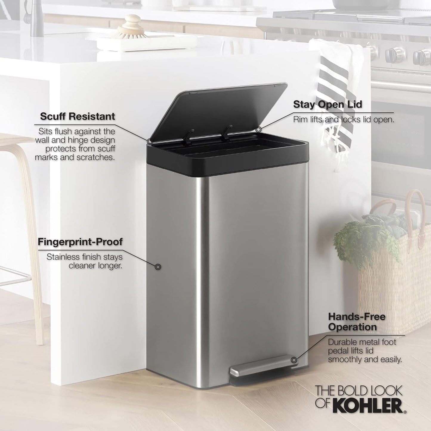 KOHLER 13-Gallon Stainless Steel Step Trash Can, White Stainless Steel, Hands-Free Pedal, Quiet-Close Lid, Fingerprint-Resistant, Durable, K-20940-STW