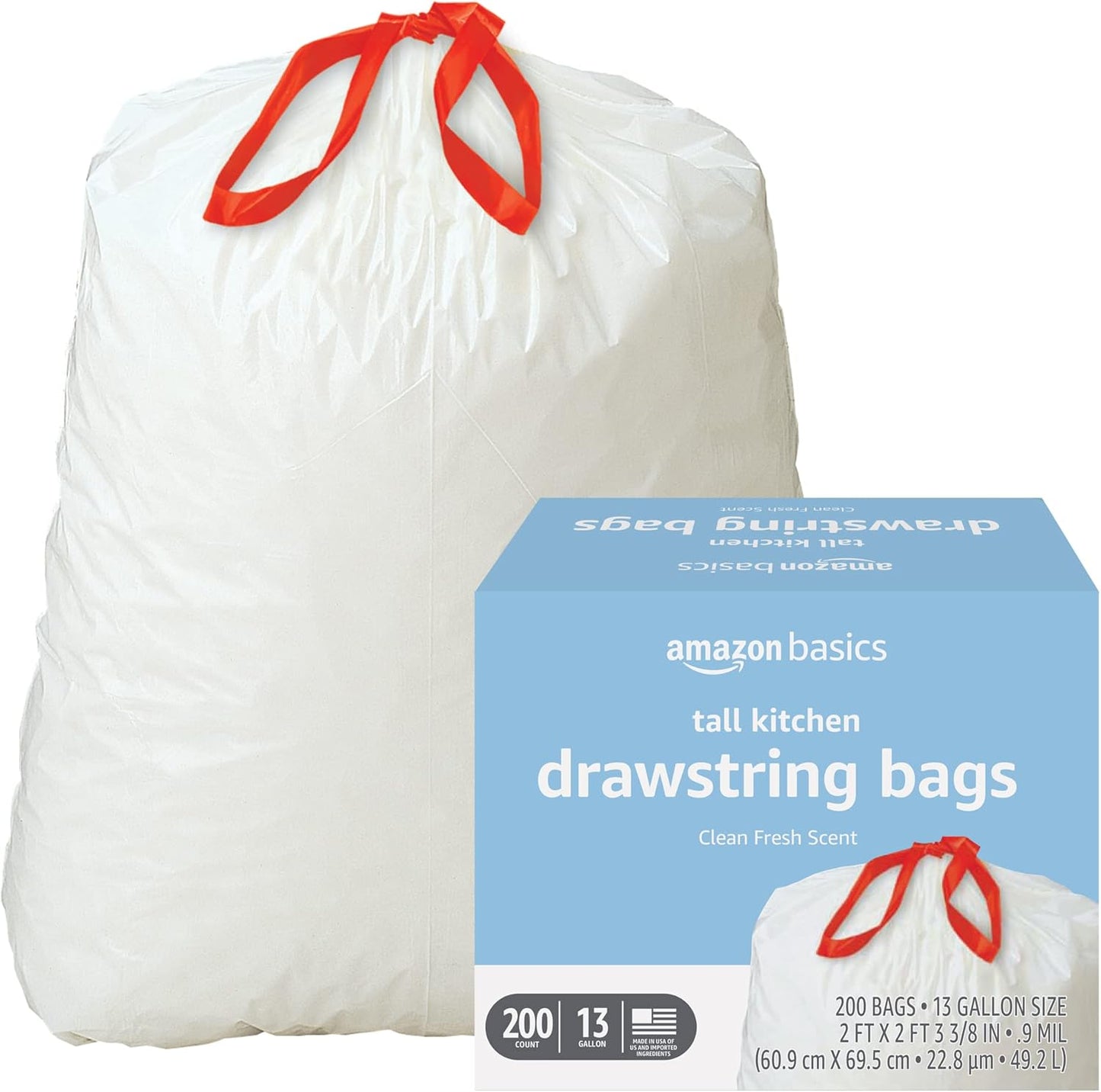 Amazon Basics Trash Bags, Tall Kitchen Drawstring, Unscented, 13 Gallon, 120 Count, Pack of 1