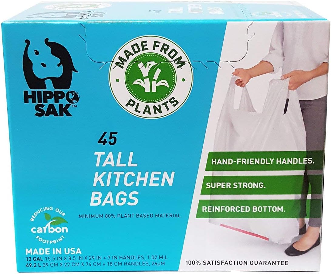 Hippo Sak - Plant Based Tall Kitchen Garbage Bags with Ergonomic Handles - 13 Gallon Trash Bags - Recyclable & Eco Friendly - Super Strong and Leak Proof Tall Kitchen Trash Bags (90 Count)