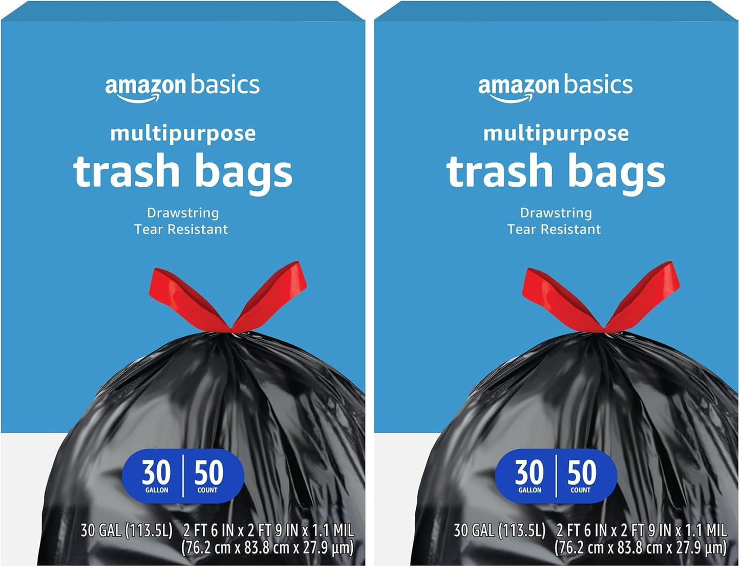 Amazon Basics Multipurpose Drawstring Trash Bags, 30 Gallon, 50 Count (Previously Solimo)